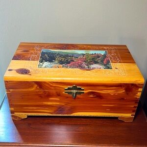 Vintage Landscape Decopauge Dovetailed Cedar Wood Keepsake Jewelry Box with Lock
